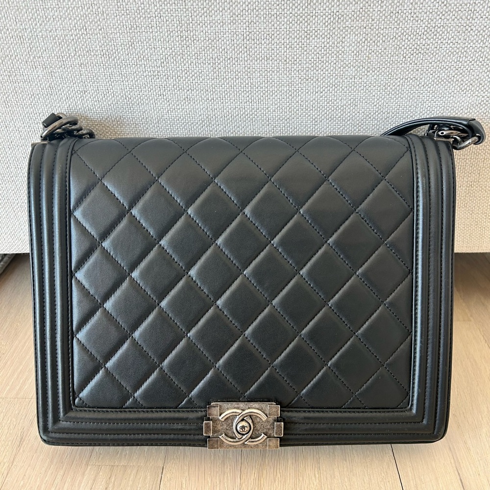 Chanel Black Calfskin Quilted Large Boy Bag with Ruthenium hardware